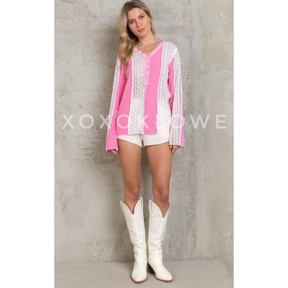 POL Bubblegum Pink + White Lace Patchwork Long Sleeve Henley Top - Picture 11 of 12